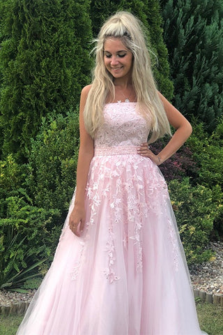Langes, trägerloses A-Linien-Ballkleid aus Tüllspitze in Rosa, formelle Abendkleider