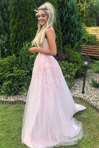 Langes, trägerloses A-Linien-Ballkleid aus Tüllspitze in Rosa, formelle Abendkleider