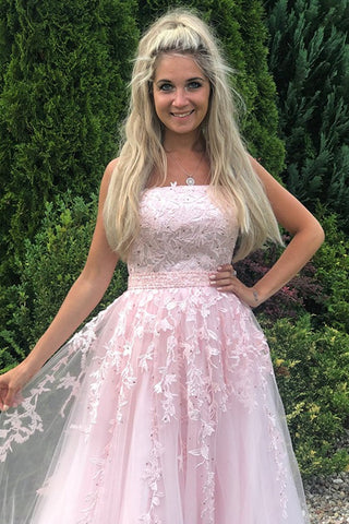 Langes, trägerloses A-Linien-Ballkleid aus Tüllspitze in Rosa, formelle Abendkleider