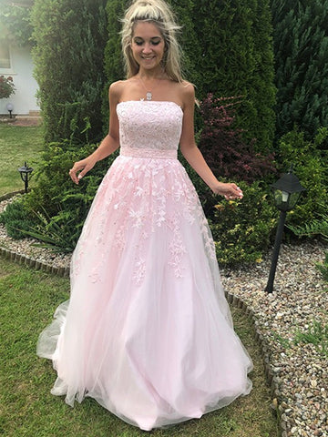 Langes, trägerloses A-Linien-Ballkleid aus Tüllspitze in Rosa, formelle Abendkleider