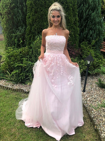 Langes, trägerloses A-Linien-Ballkleid aus Tüllspitze in Rosa, formelle Abendkleider