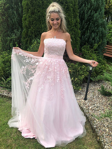 Langes, trägerloses A-Linien-Ballkleid aus Tüllspitze in Rosa, formelle Abendkleider