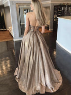 Long A-line Sweetheart Backless Sparkly Formal Prom Dresses with Pockets