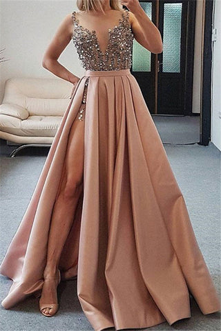 Long A-line Sweetheart Beading Satin Prom Dress with Slit