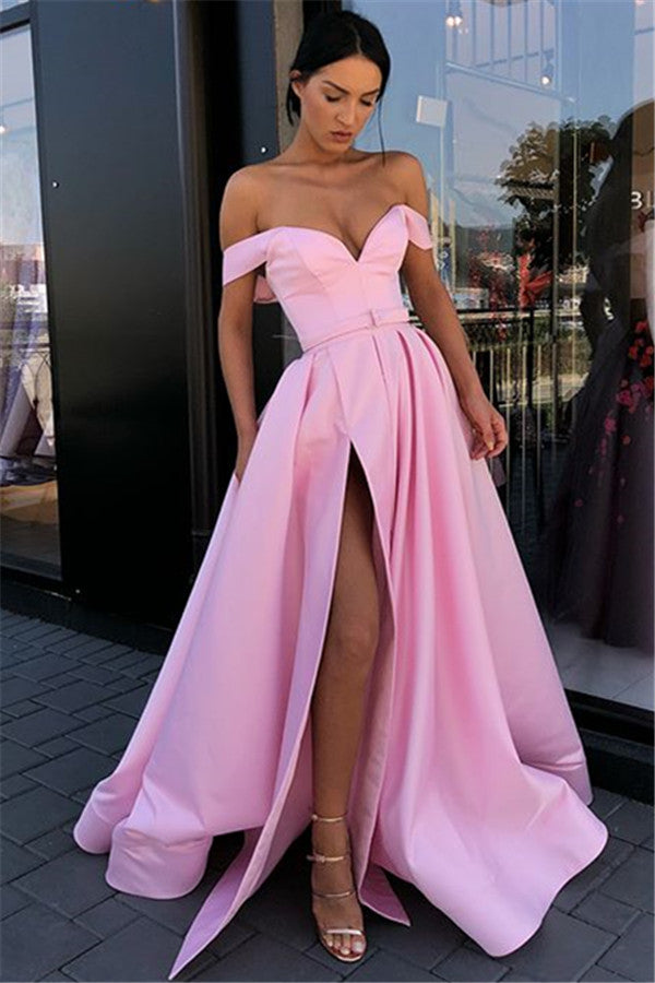 Long A-line Sweetheart Off-the-shoulder Pink Prom Dress With Slit