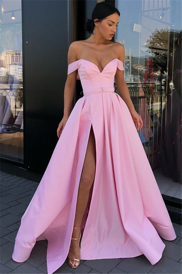 Long A-line Sweetheart Off-the-shoulder Pink Prom Dress With Slit