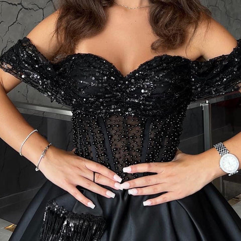Long A-line Sweetheart Off the Shoulder Satin Black Formal Prom Dresses with Lace