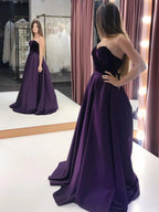 Long A-line Sweetheart Satin Backless Prom Dress Velvet Formal Graduation Evening Gowns with Pockets