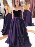 Vestido de noche largo formal estilo princesa sin espalda con escote corazón de satén y terciopelo con bolsillos para graduación