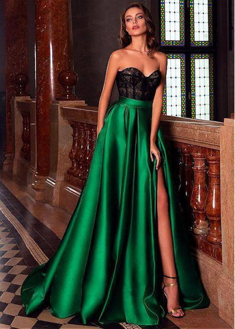 Long A-Line Sweetheart Satin Front Slit Prom Dress With Pockets