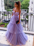 Abito da Sera Formale Prom con Scollo a Cuore, Spalline Sottili, Linea A Lunga, Sovrapposizioni di Tulle e Schiena Aperta