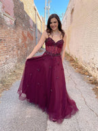 Long A Line Sweetheart Tulle Backless Prom dress Burgundy Formal Graduation Evening Dresses