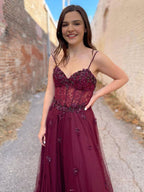 Long A Line Sweetheart Tulle Backless Prom dress Burgundy Formal Graduation Evening Dresses