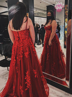 Long A-line Sweetheart Tulle Lace Prom Dress Red Formal Graduation Evening Gowns