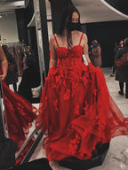 Long A-line Sweetheart Tulle Lace Prom Dress Red Formal Graduation Evening Gowns