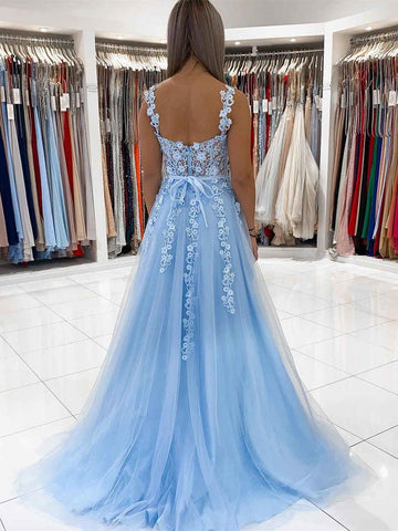Langes A-Linien-Ballkleid mit Herzausschnitt und Tüllspitze, himmelblau, formelles Abschluss-Abendkleid mit 3D-Blumen