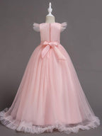 Long A-Line Tulle Jewel Neck Wedding Party Pageant Flower Girl Dresses with Sleeves