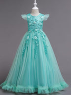 Long A-Line Tulle Jewel Neck Wedding Party Pageant Flower Girl Dresses with Sleeves