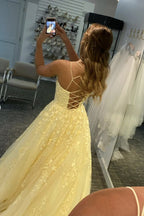 Long A-line Tulle Lace Backless Formal Graduation Prom Dresses