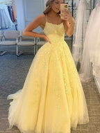 Long A-line Tulle Lace Backless Formal Graduation Prom Dresses
