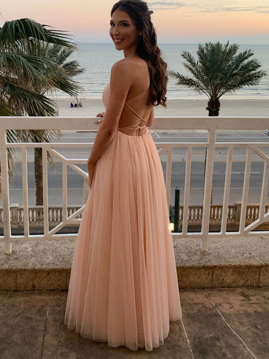Long A-line Tulle Lace Open Back Formal Prom Dresses