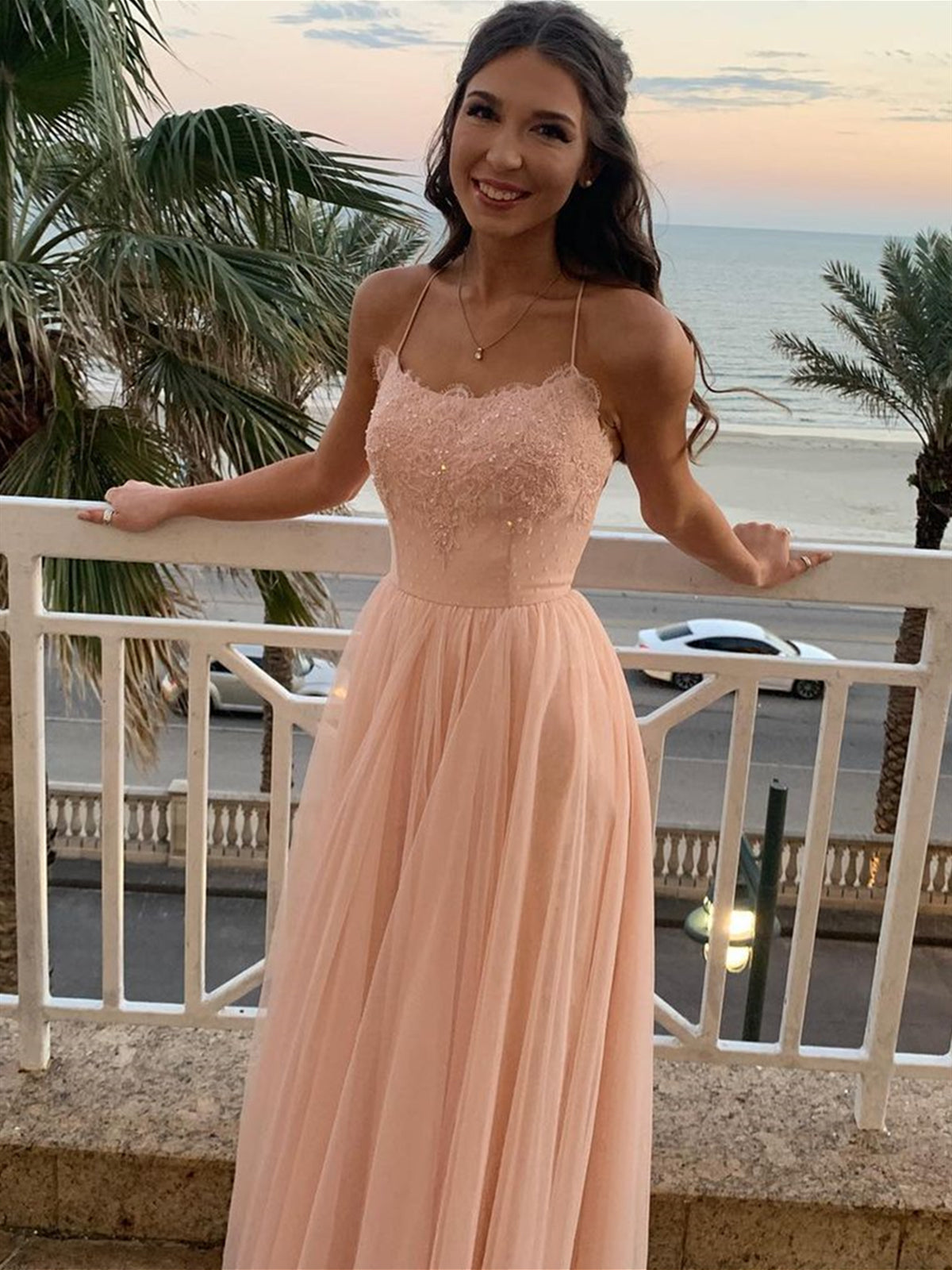 Long A-line Tulle Lace Open Back Formal Prom Dresses