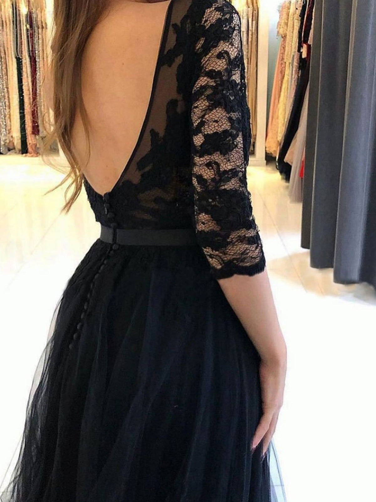 Long A-line Tulle Lace Open Back Front Slit Formal Prom Dresses with Half Sleeves