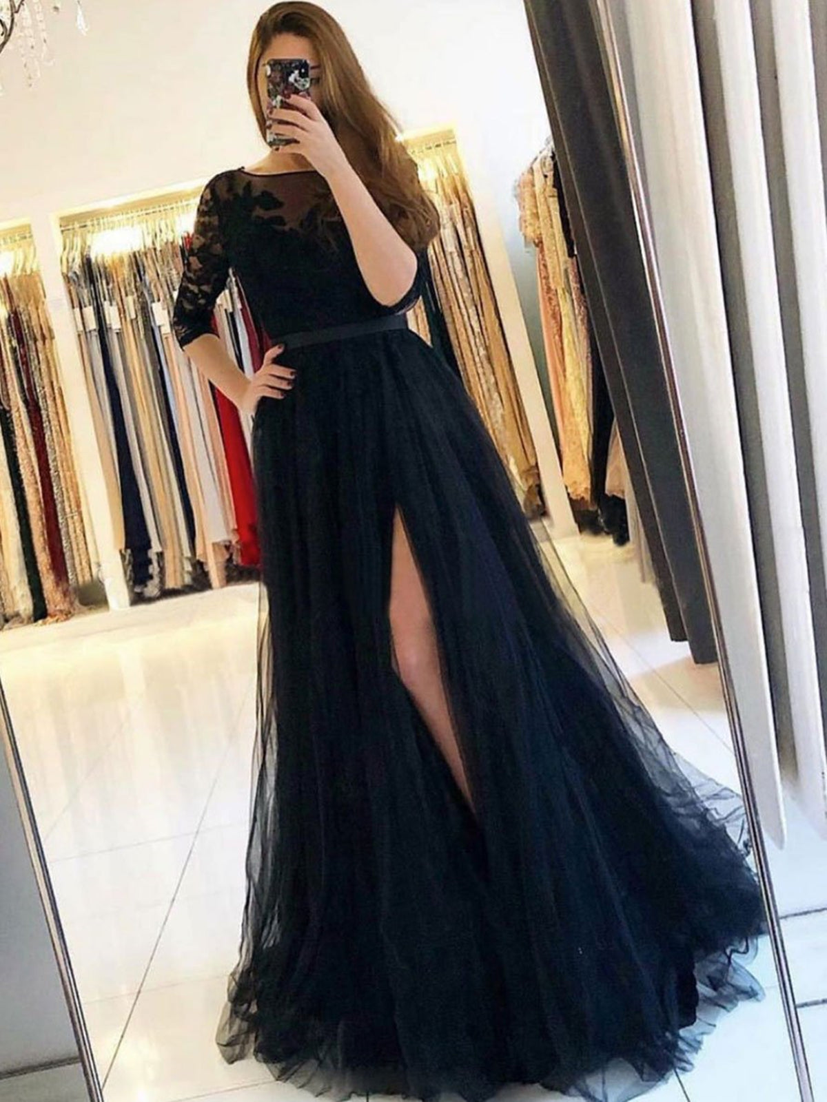 Long A-line Tulle Lace Open Back Front Slit Formal Prom Dresses with Half Sleeves