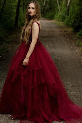 Long A-line V-neck Appliques Lace Backless Tulle Prom Dress