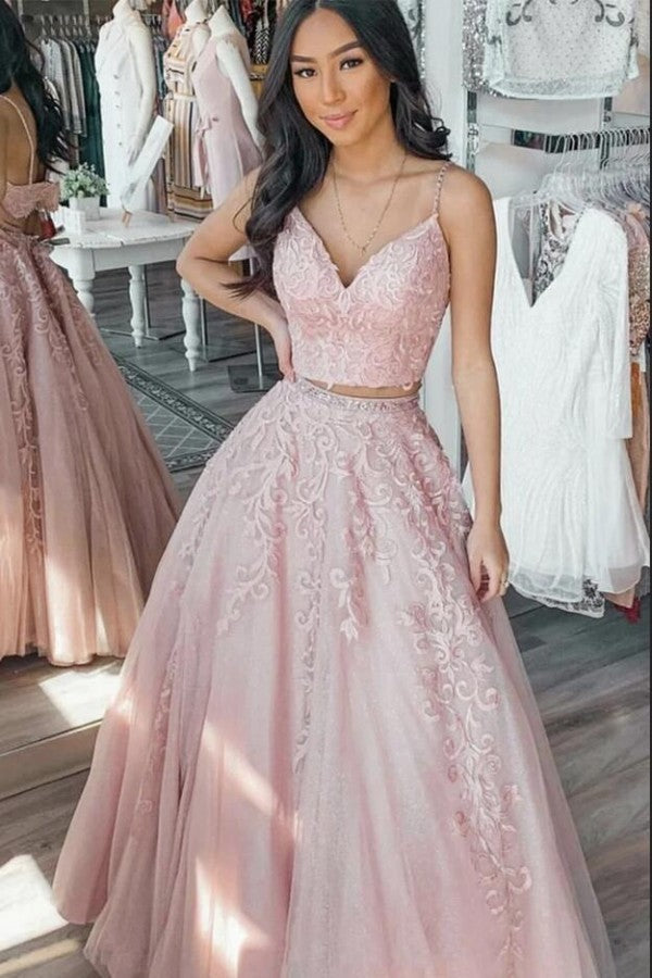 Long A-Line V-neck Appliques Lace Tulle Two Piece Prom Dress