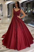 Vestido de fiesta largo en línea A con escote en V, espalda descubierta, aplicaciones, bordados, satén y volantes