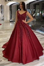 Long A-Line V-neck Backless Appliques Beading Satin Ruffles Prom Dress
