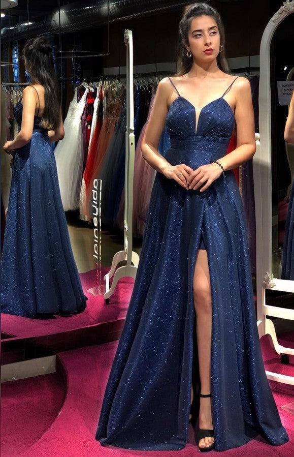 Long A-line V-neck Backless Glitter Prom Dress with Slit