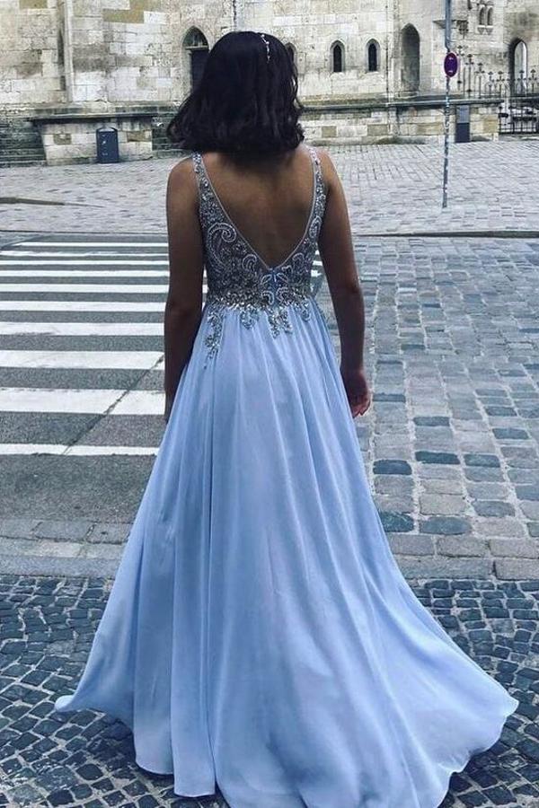 Long A-line V-neck Chiffon Beading Backless Prom Dress