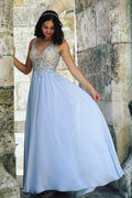 Abito da ballo lungo a linea A con scollo a V in chiffon, perline e schiena scoperta
