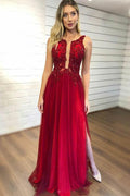 Vestidos de festa compridos em chiffon vermelho com decote em V e racha