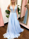 Vestido de noche largo formal azul cielo estilo princesa con escote en V de chiffon y encaje para graduación