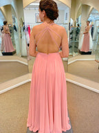 Long A-line V-neck Lace Chiffon Prom Dress with Slit Pink Formal Graduation Evening Dresses