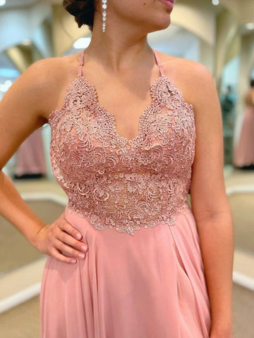 Langes A-Linien-Ballkleid aus Chiffon mit V-Ausschnitt und Schlitz in Rosa, formelle Abschluss-Abendkleider