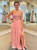 Vestido de fiesta largo en línea A con escote en V, encaje, chiffon, abertura, rosa, formal para graduación y noche