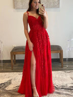 Long A Line V Neck Lace Tulle Prom Dresses with Slit Red Formal Graduation Evening Dresses