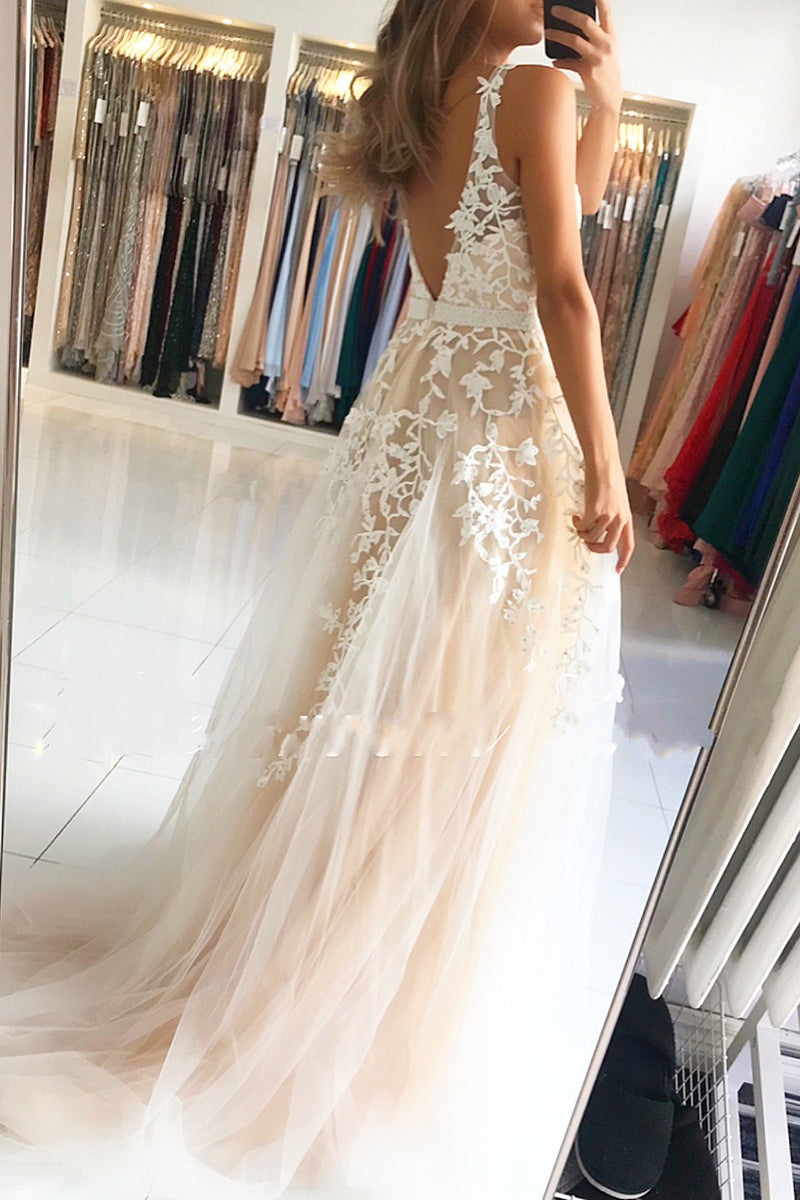 Long A-Line V-neck Open Back Lace Tulle Prom Dress