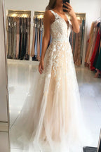 Long A-Line V-neck Open Back Lace Tulle Prom Dress