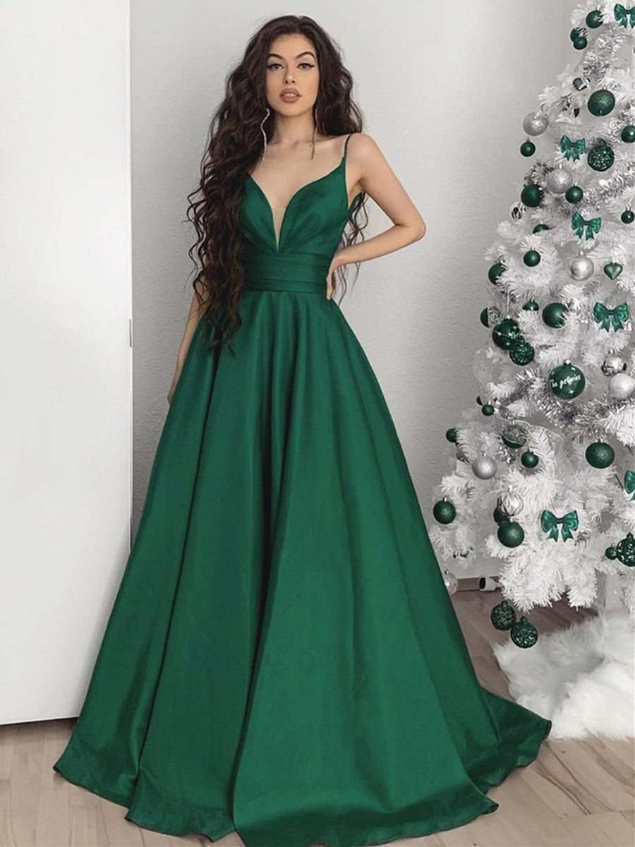 Long A-line V-neck Satin Backless Formal Evening Prom Dresses