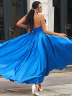 Long A-Line V-Neck Satin Backless Prom Dress