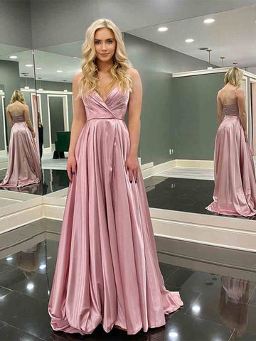 Langes rückenfreies A-Linien-Ballkleid aus Satin mit V-Ausschnitt und Schlitz in Rosa, formelle Abschluss-Abendkleider
