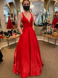 Vestidos de baile compridos em linha A, decote em V, em cetim, sem costas, com bolsos, vestidos de cerimónia vermelhos para finalistas