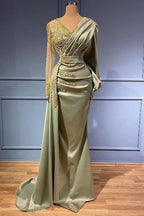 Long A-line V-neck Satin Beads Mermaid Formal Dress with Sleeves