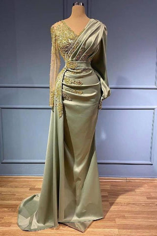 Langes A-Linien-Meerjungfrauen-Abendkleid mit V-Ausschnitt, Satinperlen und Ärmeln