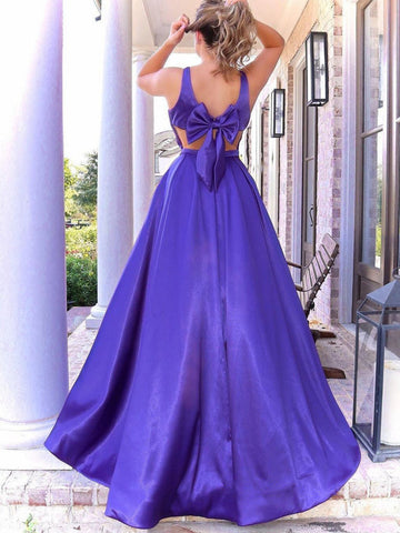 Langes A-Linien-Ballkleid aus Satin mit V-Ausschnitt und Taschen, lila, formelle Abendkleider für den Abschluss
